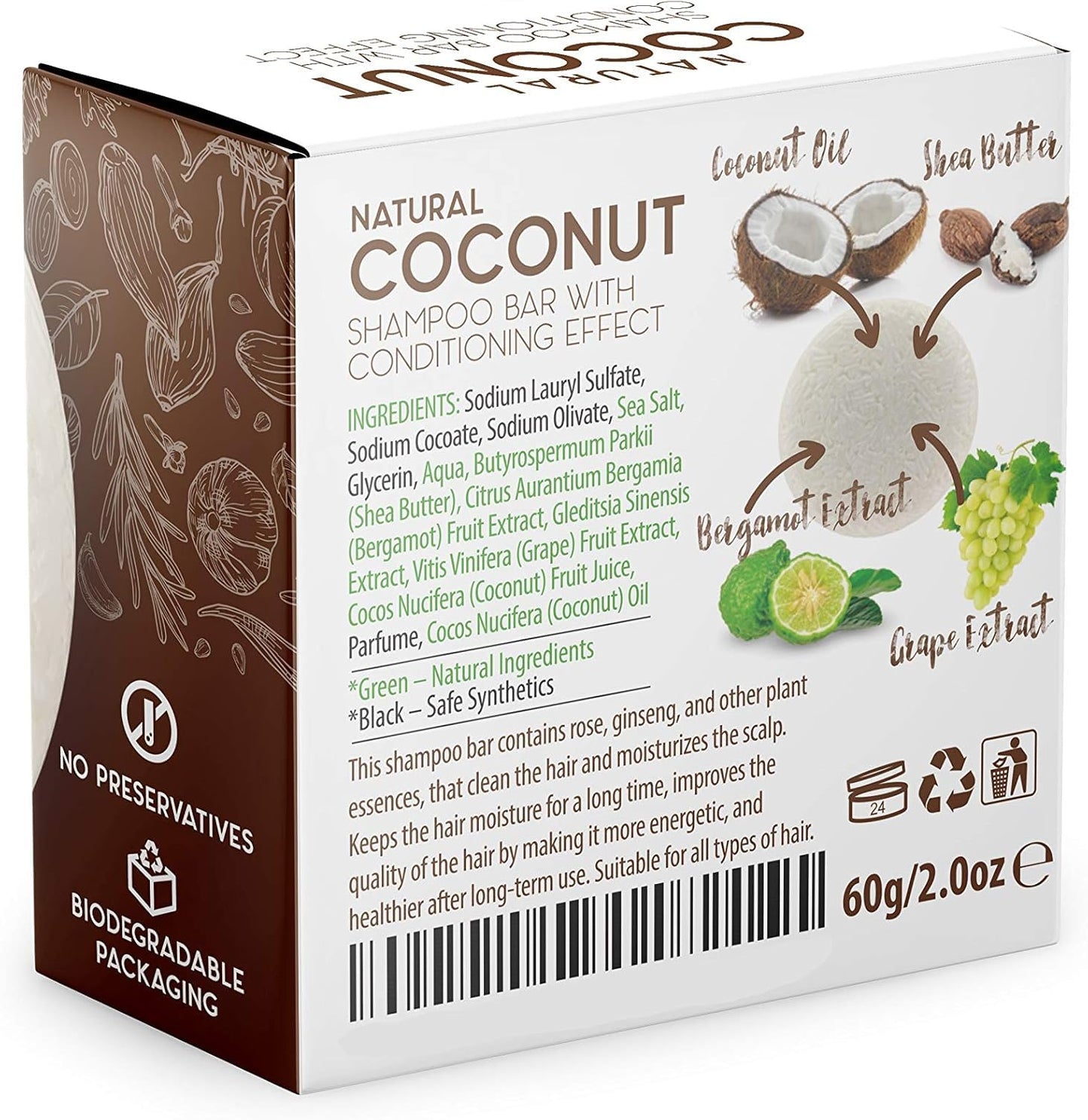 Solid Shampoo Bar and Conditioner Effect Hair Soap – 100% Organic Shampoo Bars for Hair with All Natural Plant Based Essential Oils and Zero Waste Biodegradable Packaging (Coconut)